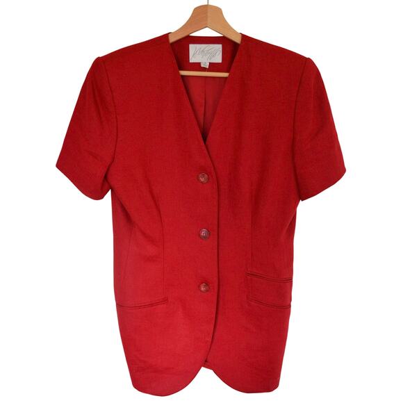 Vintage Linen Short Sleeve Blazer Jacket Red Button Front - Picture 2 of 6